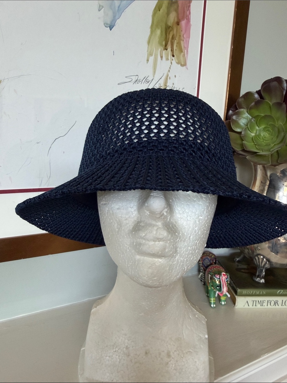 Woven Wide-Brim Summer Sun Hat - Navy Blue